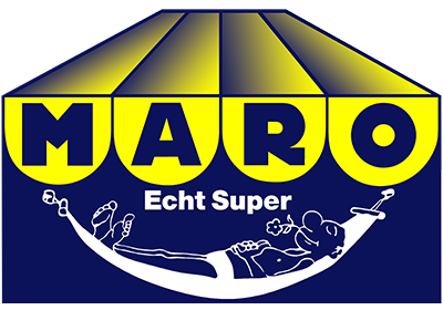 MARO Logo mit Slogan ‚Echt Super‘, zeigt eine entspannte Figur in einer Hängematte unter einer gelb-blauen Markise.